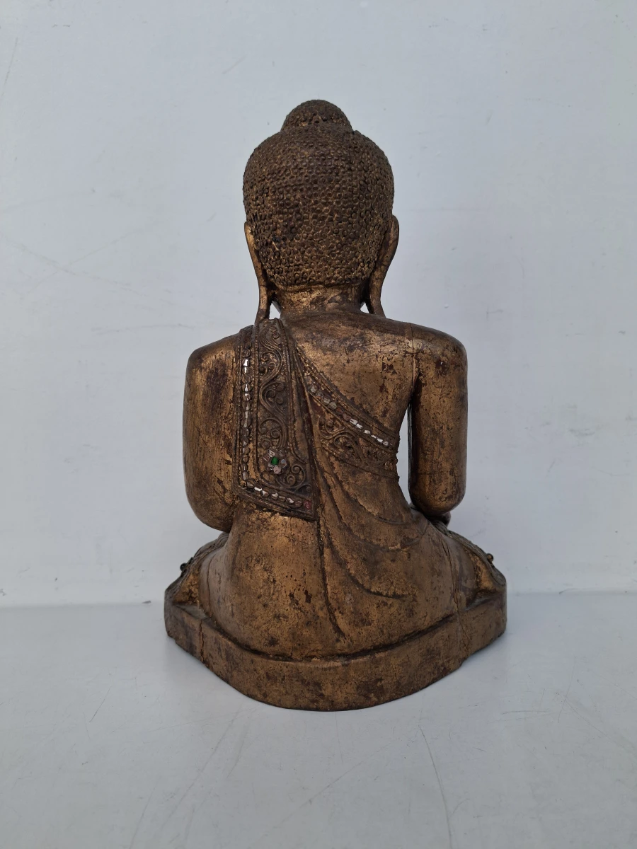 Antieke Birmese Mandalay Boeddha – Handgestoken Hout