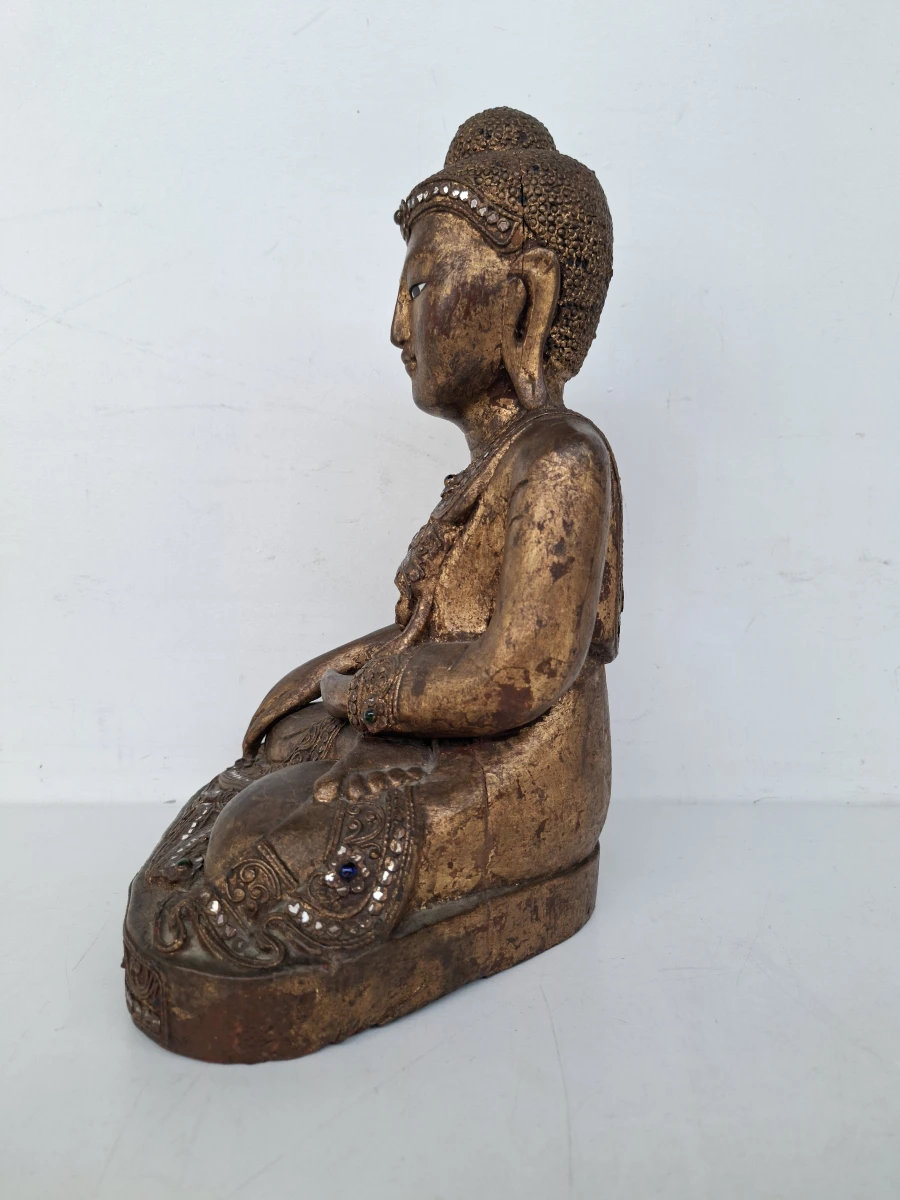 Antieke Birmese Mandalay Boeddha – Handgestoken Hout