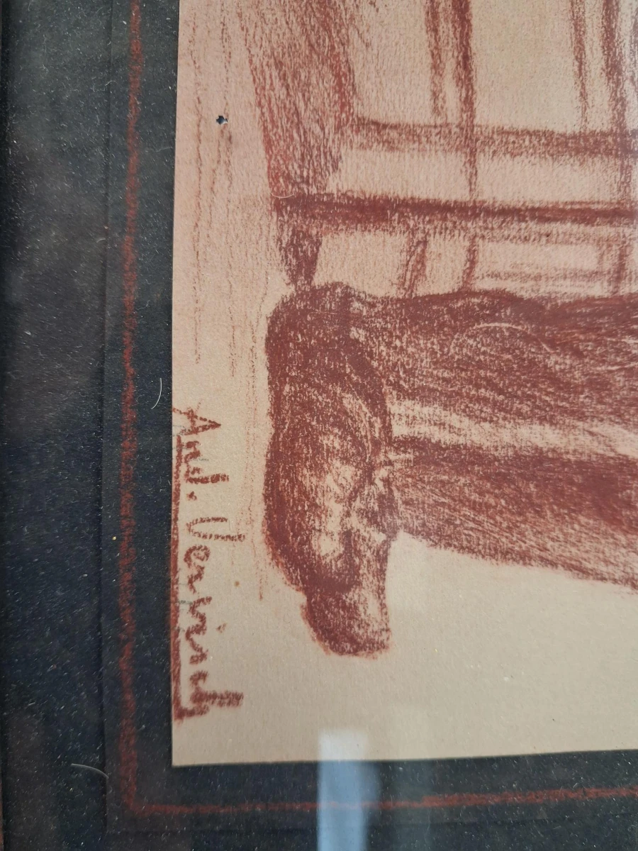 Rood krijttekening van een zittende man