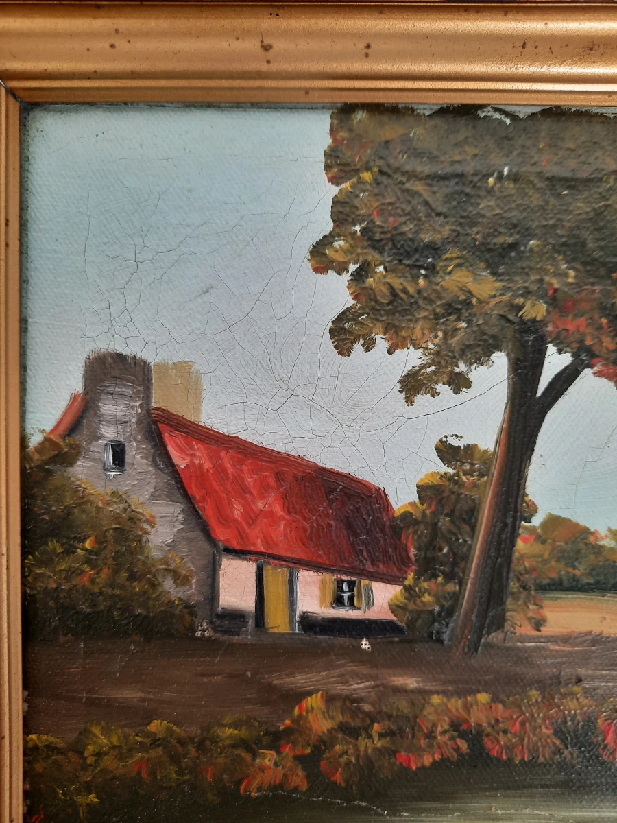 Vintage Olieverfschilderij – Landelijk Dorpsgezicht met Kasteel/Kerk – Gesigneerd CALLYN