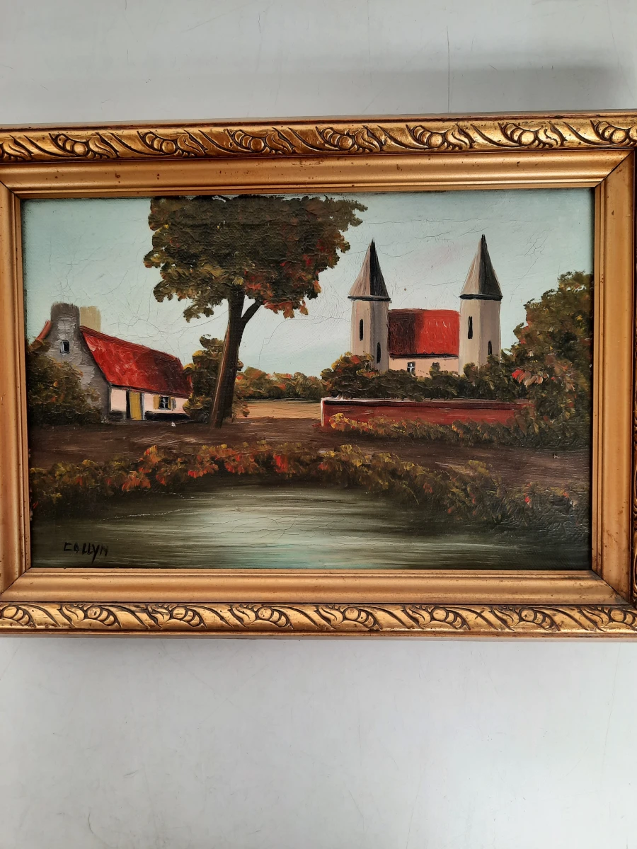 Vintage Olieverfschilderij – Landelijk Dorpsgezicht met Kasteel/Kerk – Gesigneerd CALLYN
