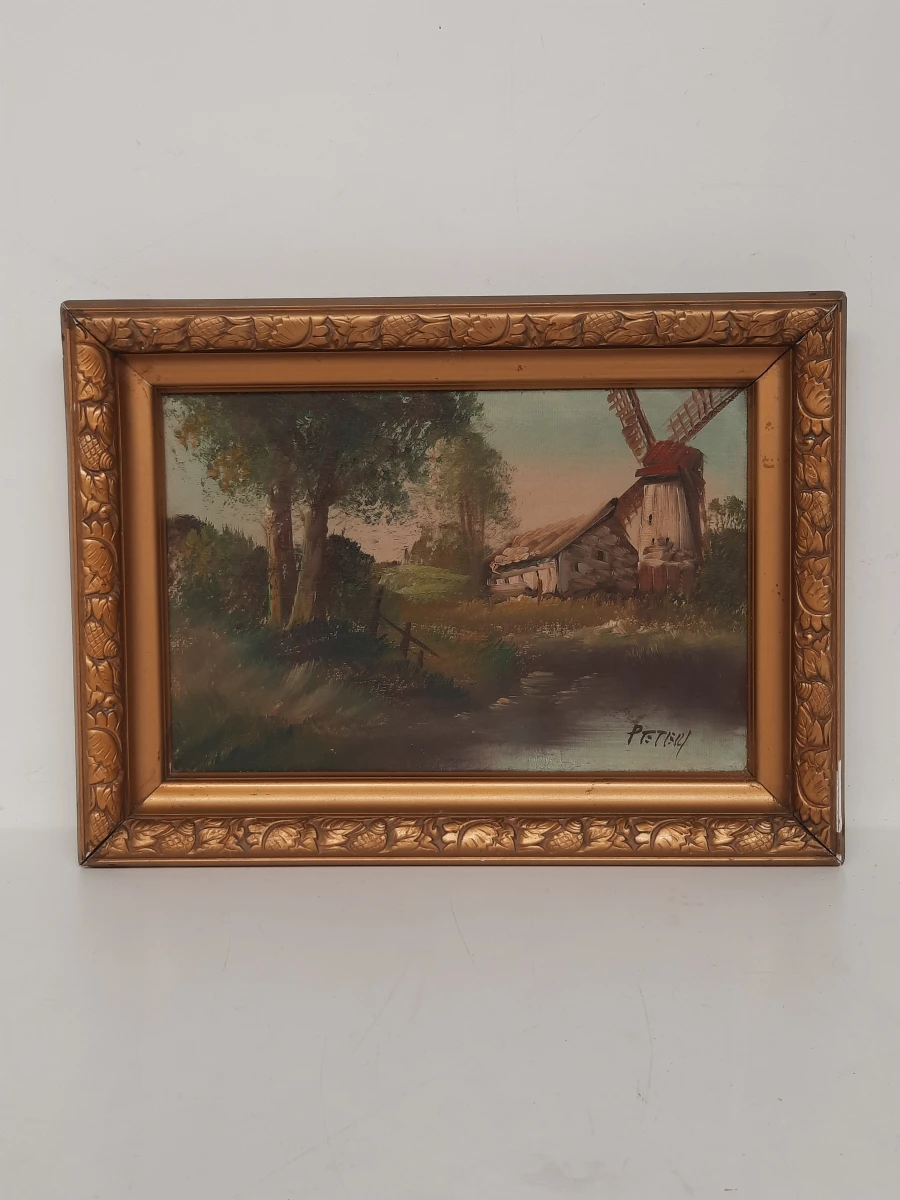 Vintage Olieverfschilderij – Klassiek Hollands Landschap met Windmolen – Gesigneerd PETRI