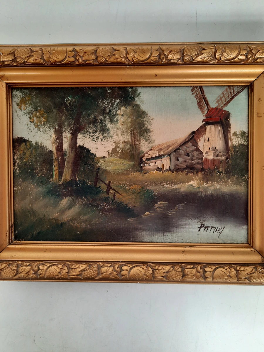 Vintage Olieverfschilderij – Klassiek Hollands Landschap met Windmolen – Gesigneerd PETRI