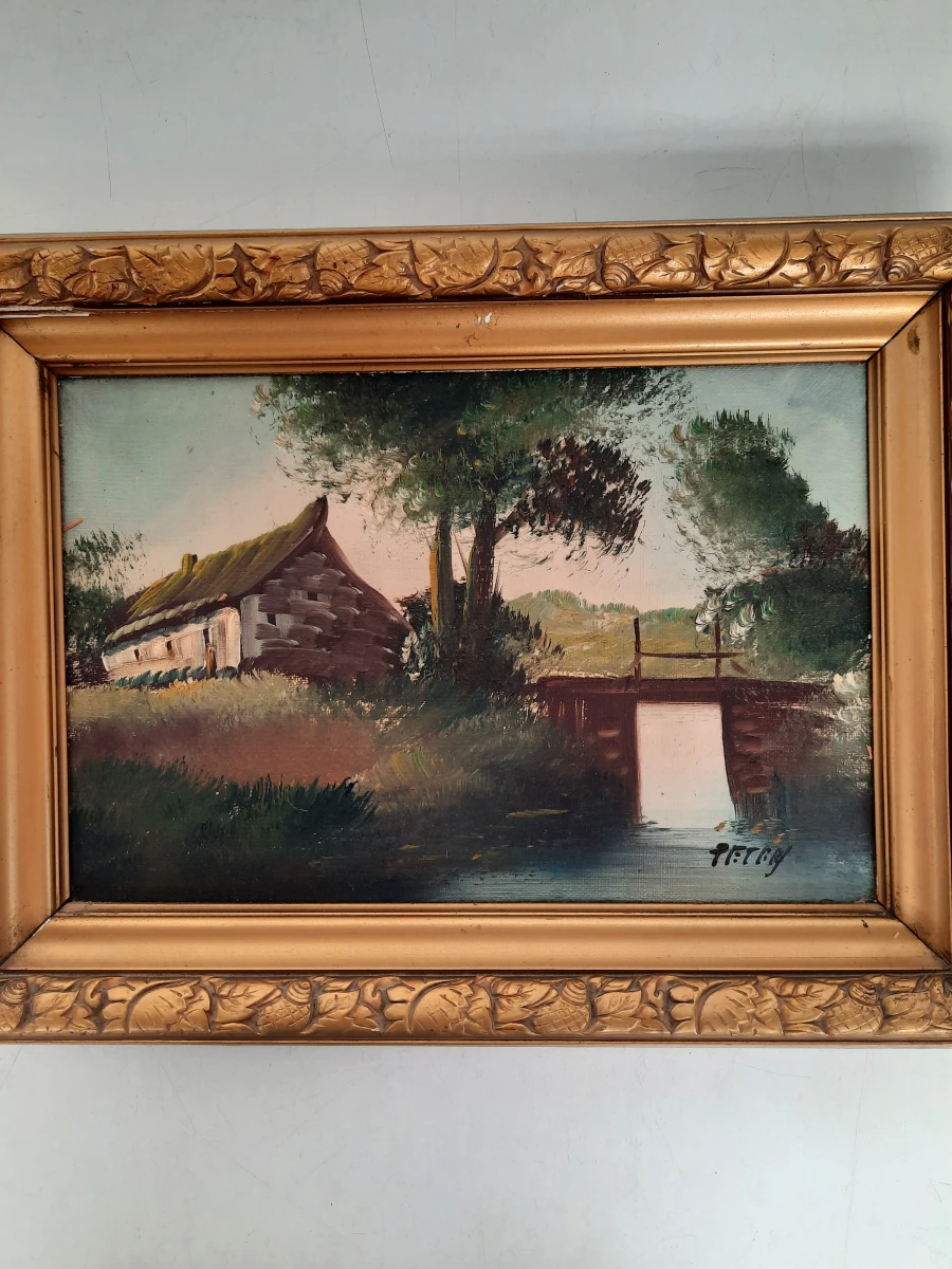 Vintage Olieverfschilderij – Landelijk Landschap met Hoeve en Sluisje – Gesigneerd PETRI