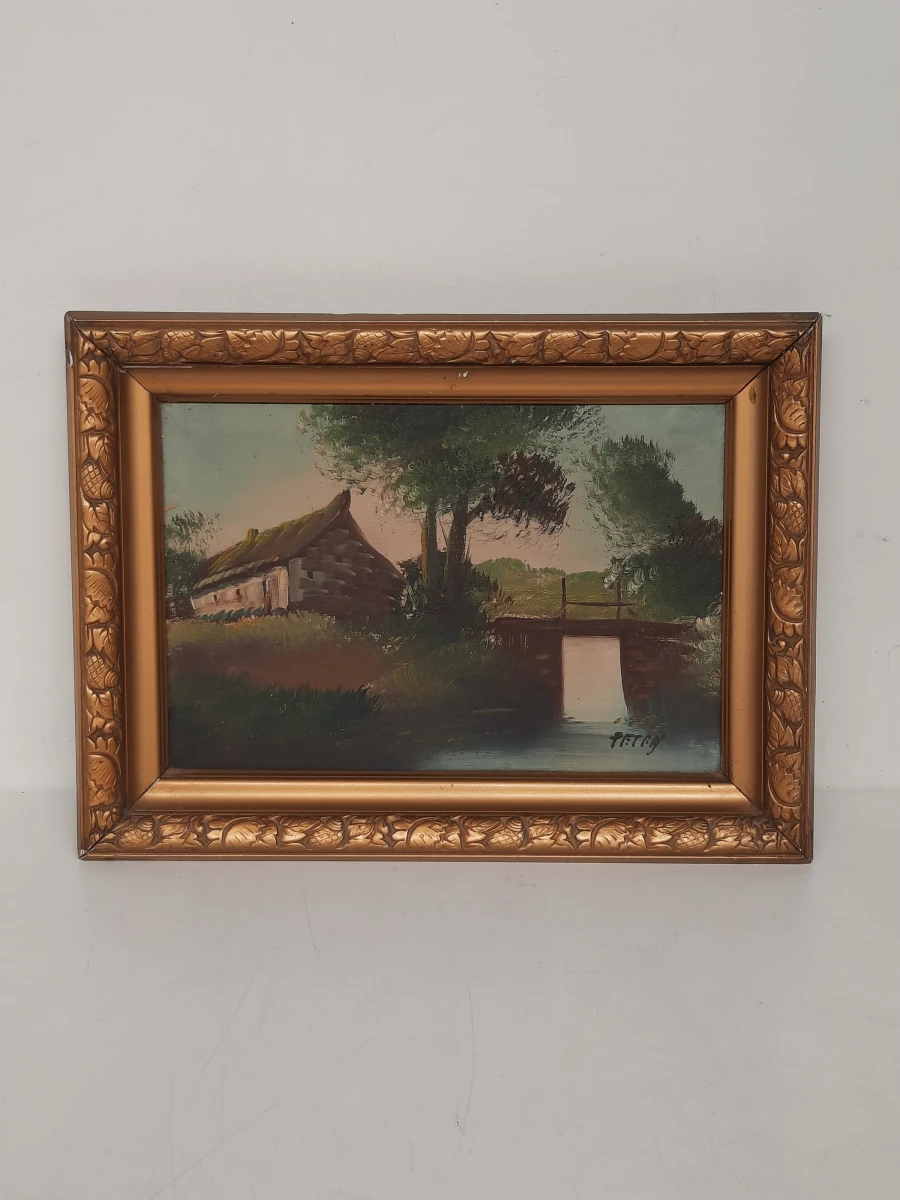 Vintage Olieverfschilderij – Landelijk Landschap met Hoeve en Sluisje – Gesigneerd PETRI