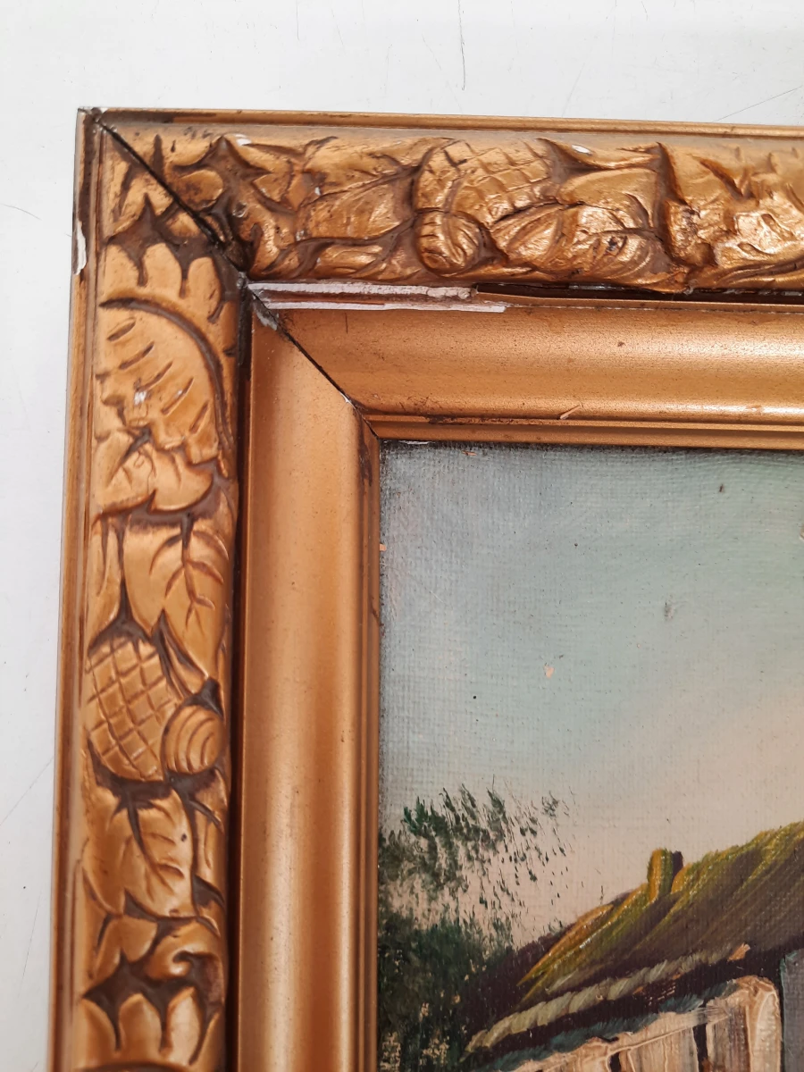 Vintage Olieverfschilderij – Landelijk Landschap met Hoeve en Sluisje – Gesigneerd PETRI