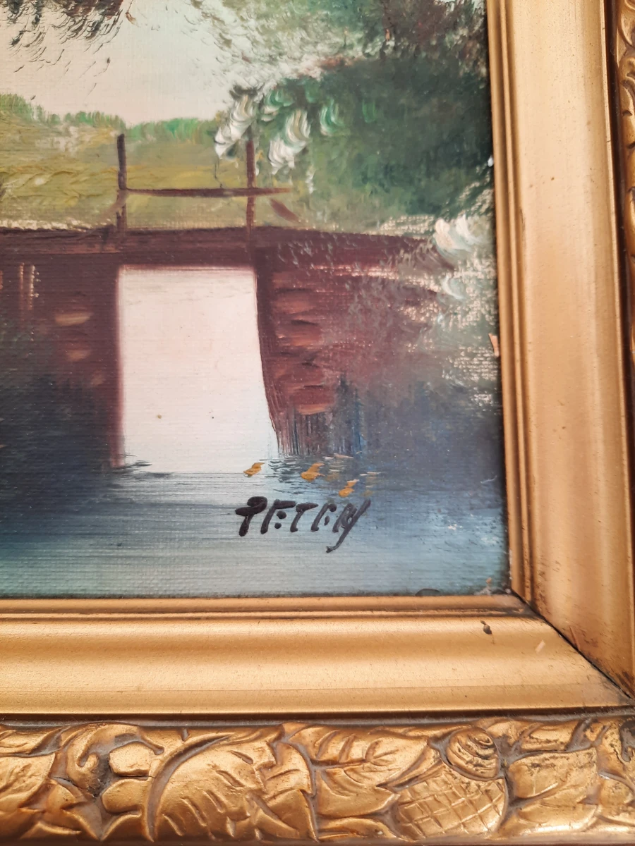 Vintage Olieverfschilderij – Landelijk Landschap met Hoeve en Sluisje – Gesigneerd PETRI
