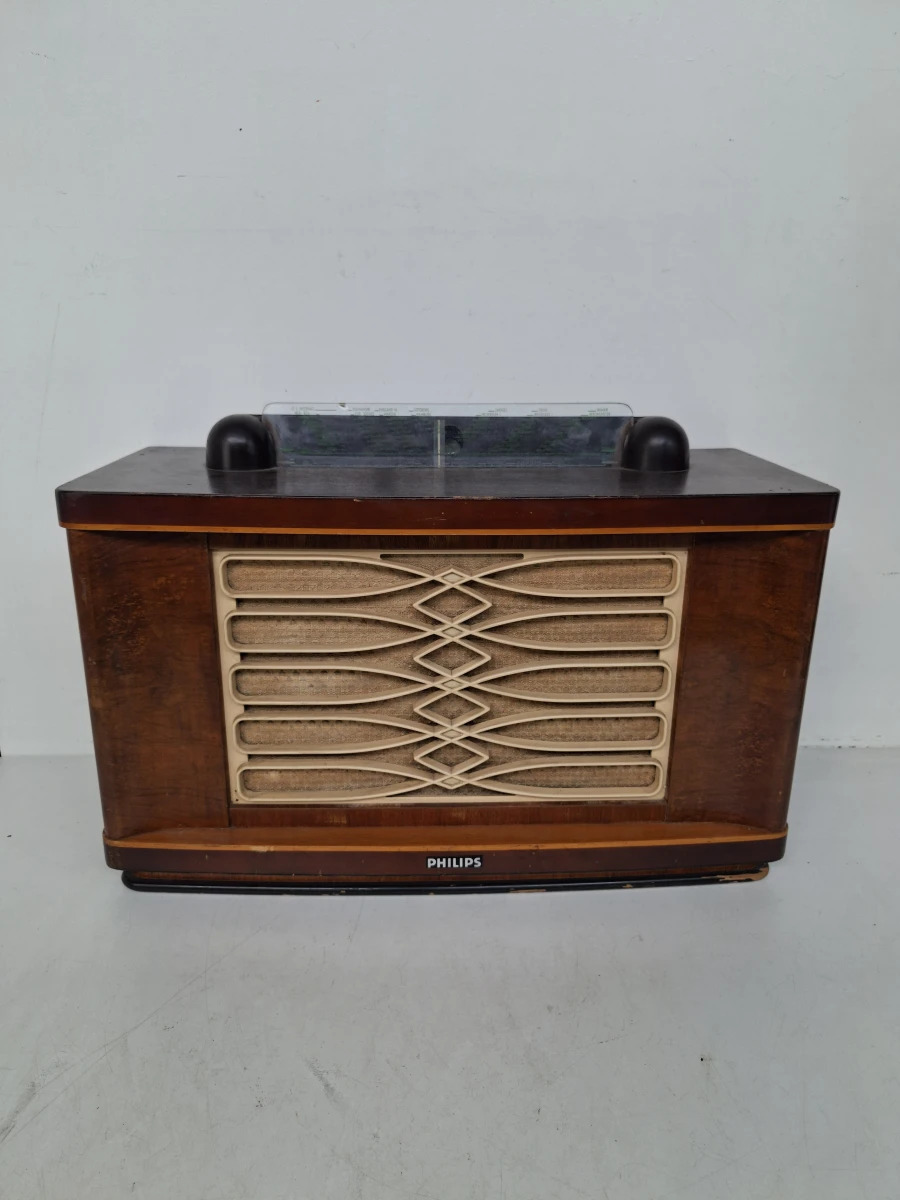 Antieke Philips BX690A-102 Buizenradio (1949) – Rondom Origineel met Antwerps Dealerschildje