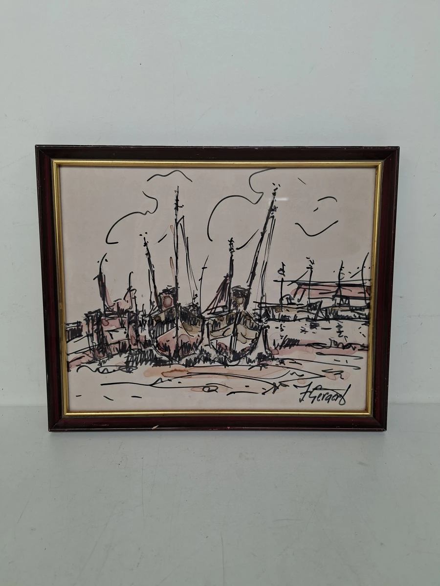 Expressief Vintage Maritiem Kunstwerk – Vissersboten in de Haven – Gesigneerd F. Gerard