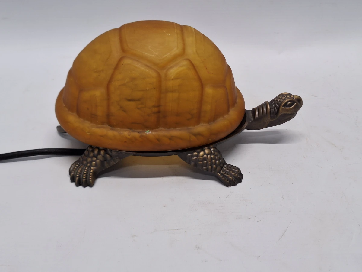 Set van 2 decoratieve schildpadlampen - bronzen basis met reliëfglazen schild (amber & wit)