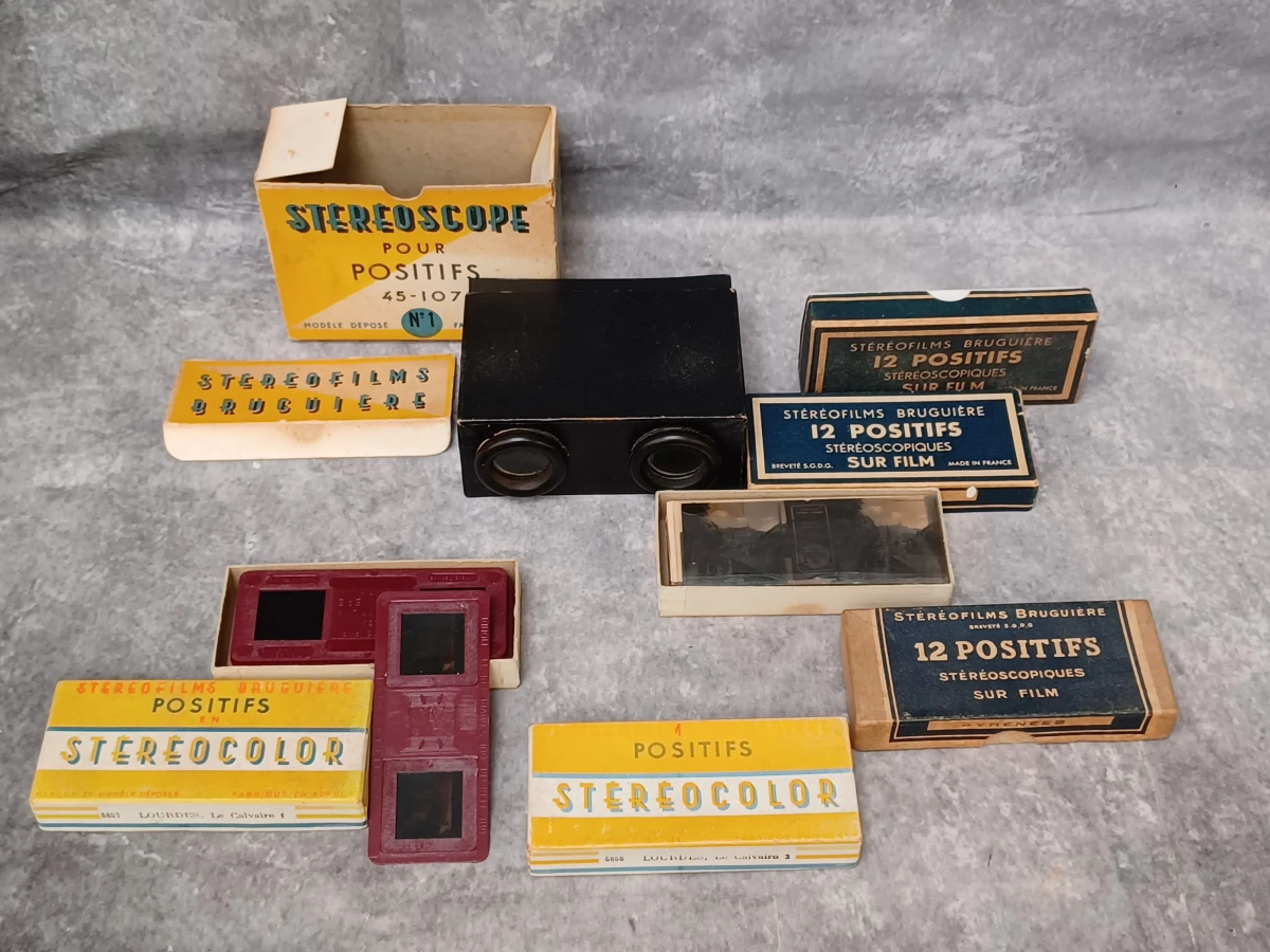 Antieke Stéréofilms Bruguière stereoscoop Set N°1 – Inclusief originele doosjes en stereofoto's