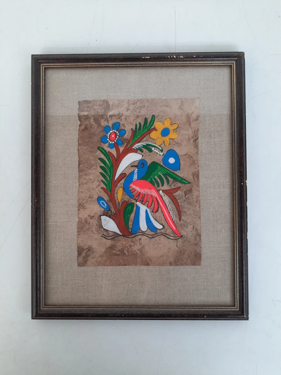 Ingelijst kleurrijk vogelkunstwerk op papier