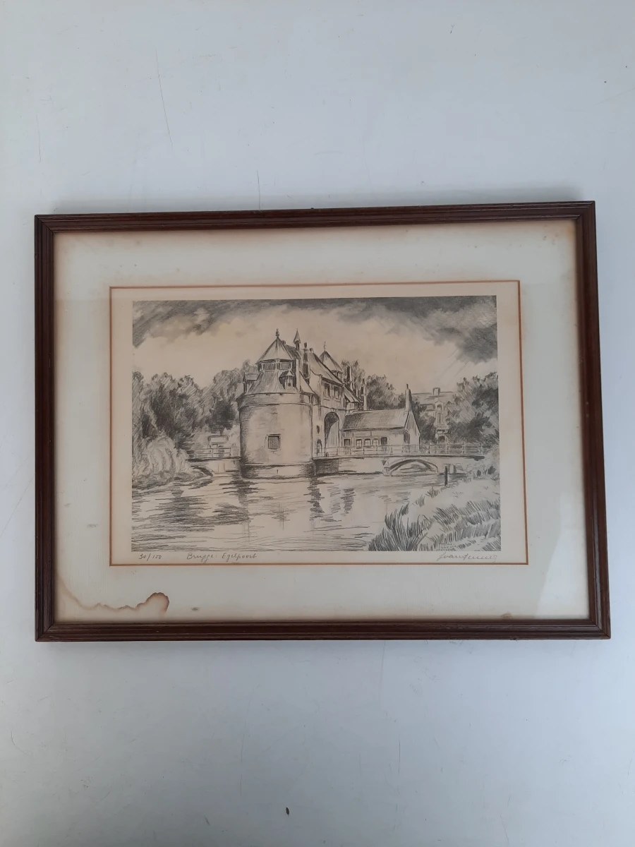 Gesigneerde litho Brugge: Ezelpoort in lijst