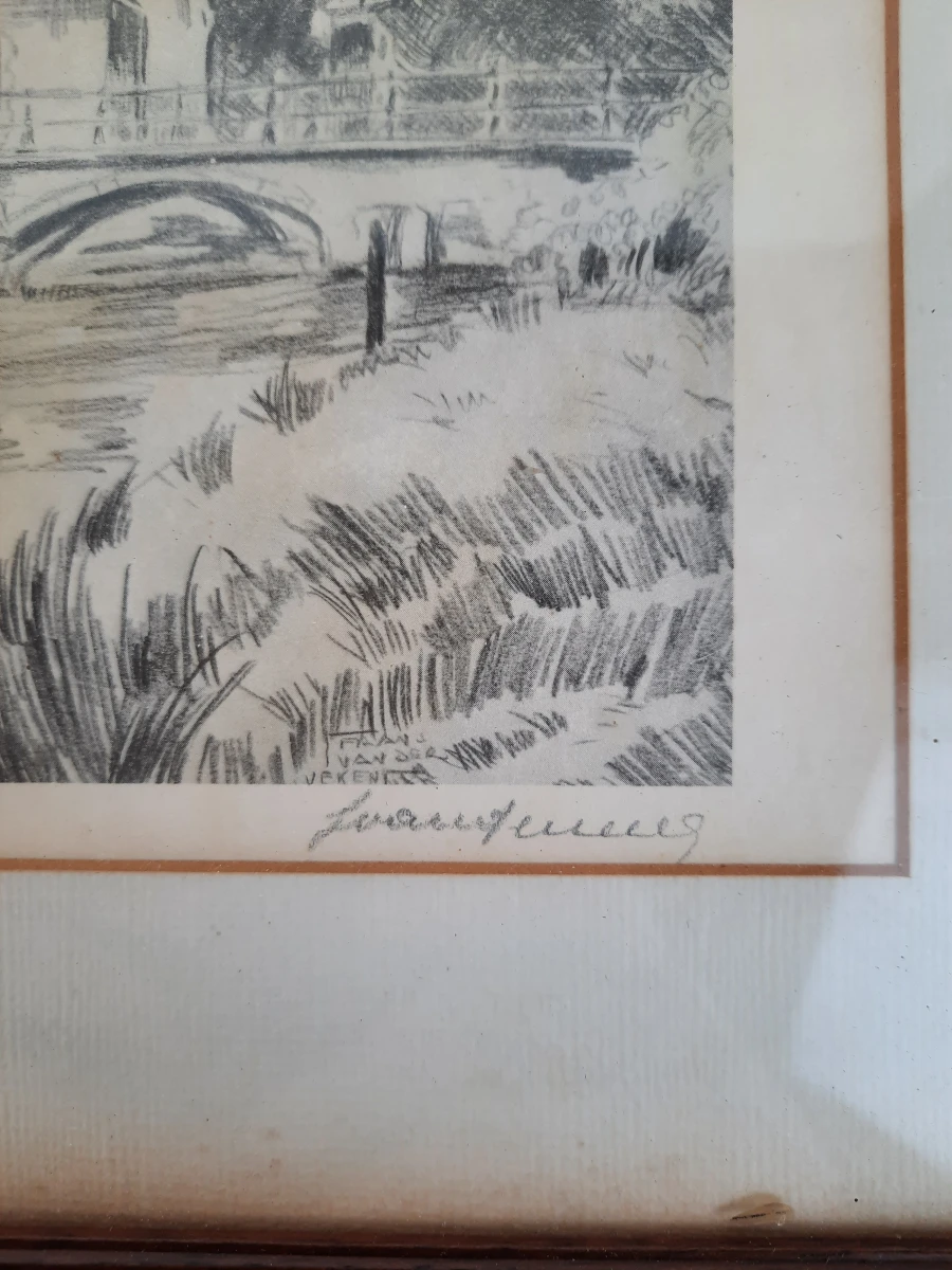 Gesigneerde litho Brugge: Ezelpoort in lijst