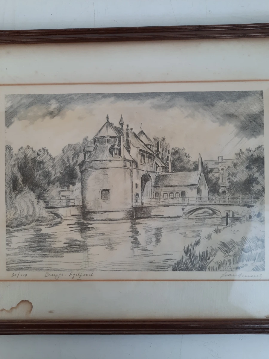 Gesigneerde litho Brugge: Ezelpoort in lijst