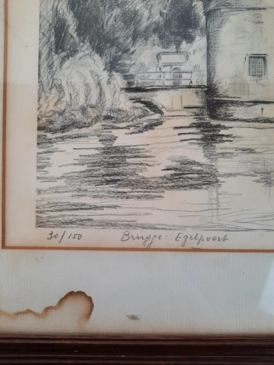 Gesigneerde litho Brugge: Ezelpoort in lijst