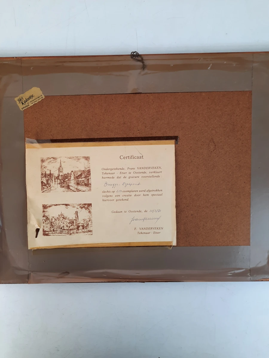 Gesigneerde litho Brugge: Ezelpoort in lijst