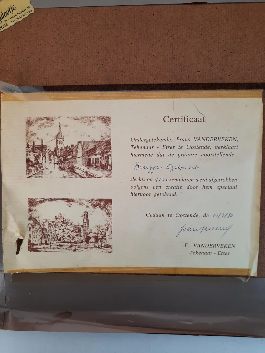 Gesigneerde litho Brugge: Ezelpoort in lijst