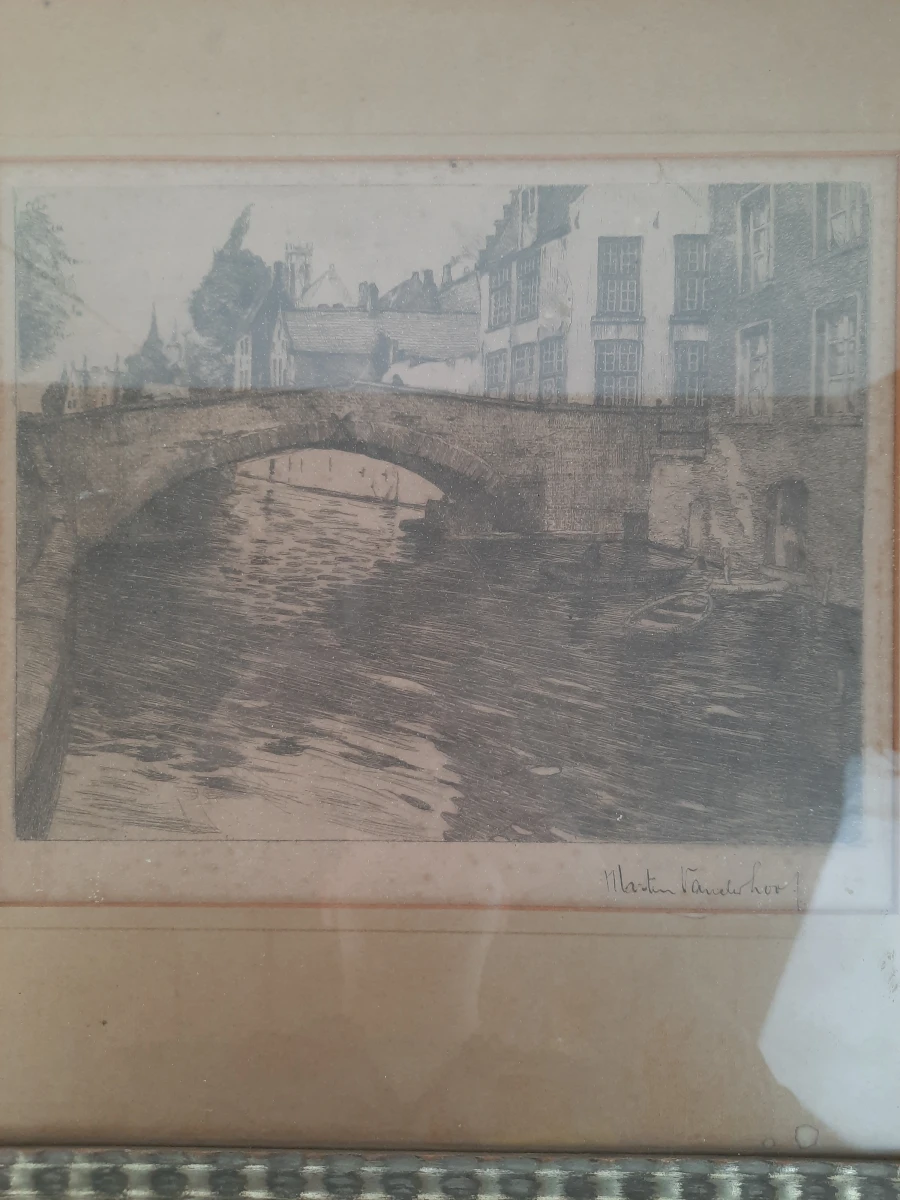 Ingelijste ets van een brug over water - foto 3