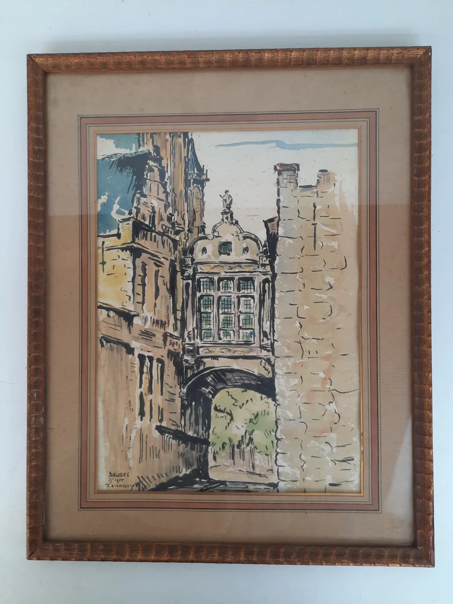 Ingelijste tekening Brugge door J. D'Haeseleer 1955
