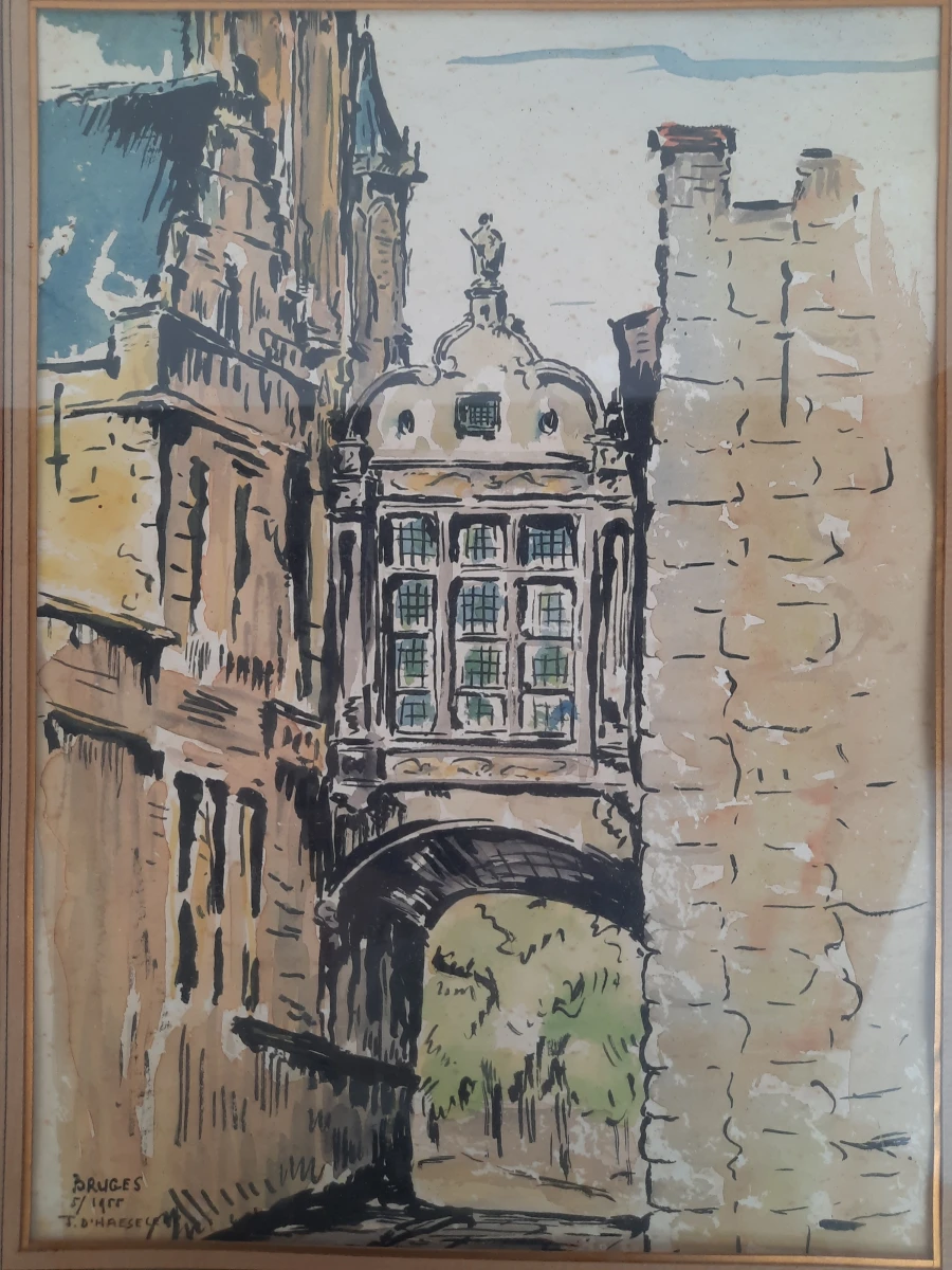 Ingelijste tekening Brugge door J. D'Haeseleer 1955