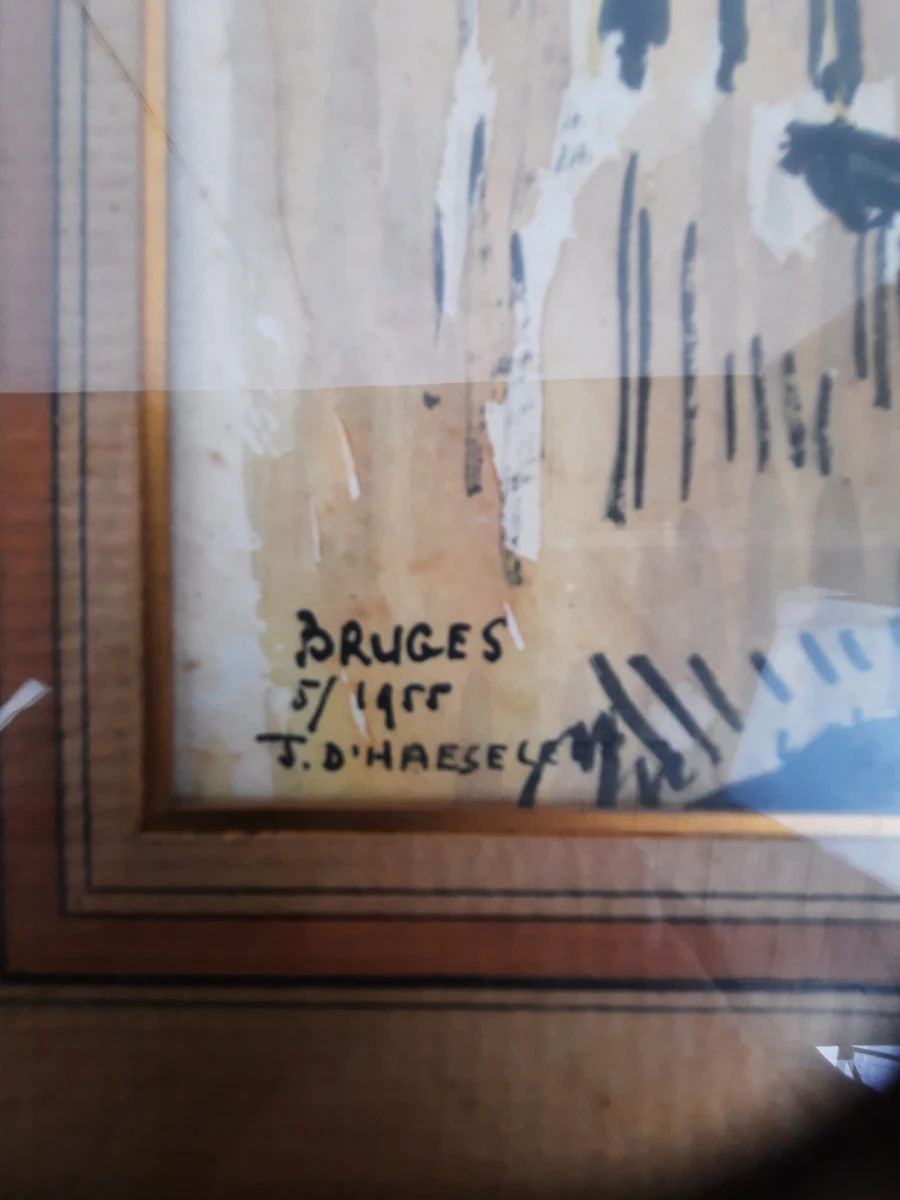 Ingelijste tekening Brugge door J. D'Haeseleer 1955