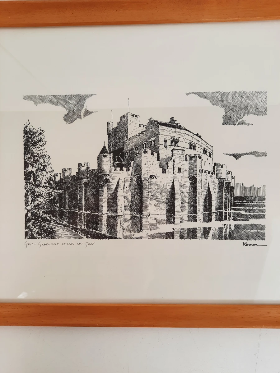 Ingelijste pentekening 'Gent - Gravensteen de trots van Gent' – Gesigneerd door Roman