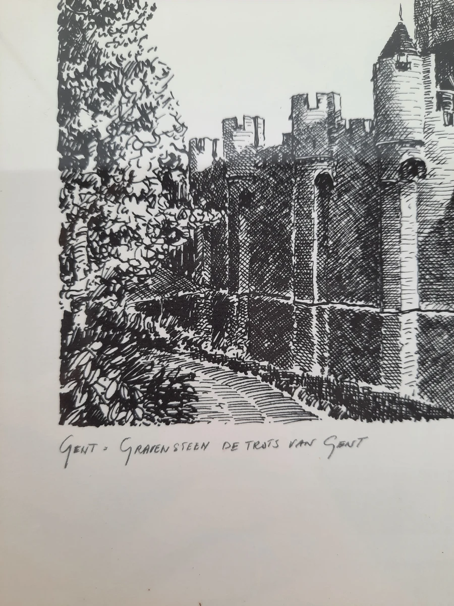 Ingelijste pentekening 'Gent - Gravensteen de trots van Gent' – Gesigneerd door Roman