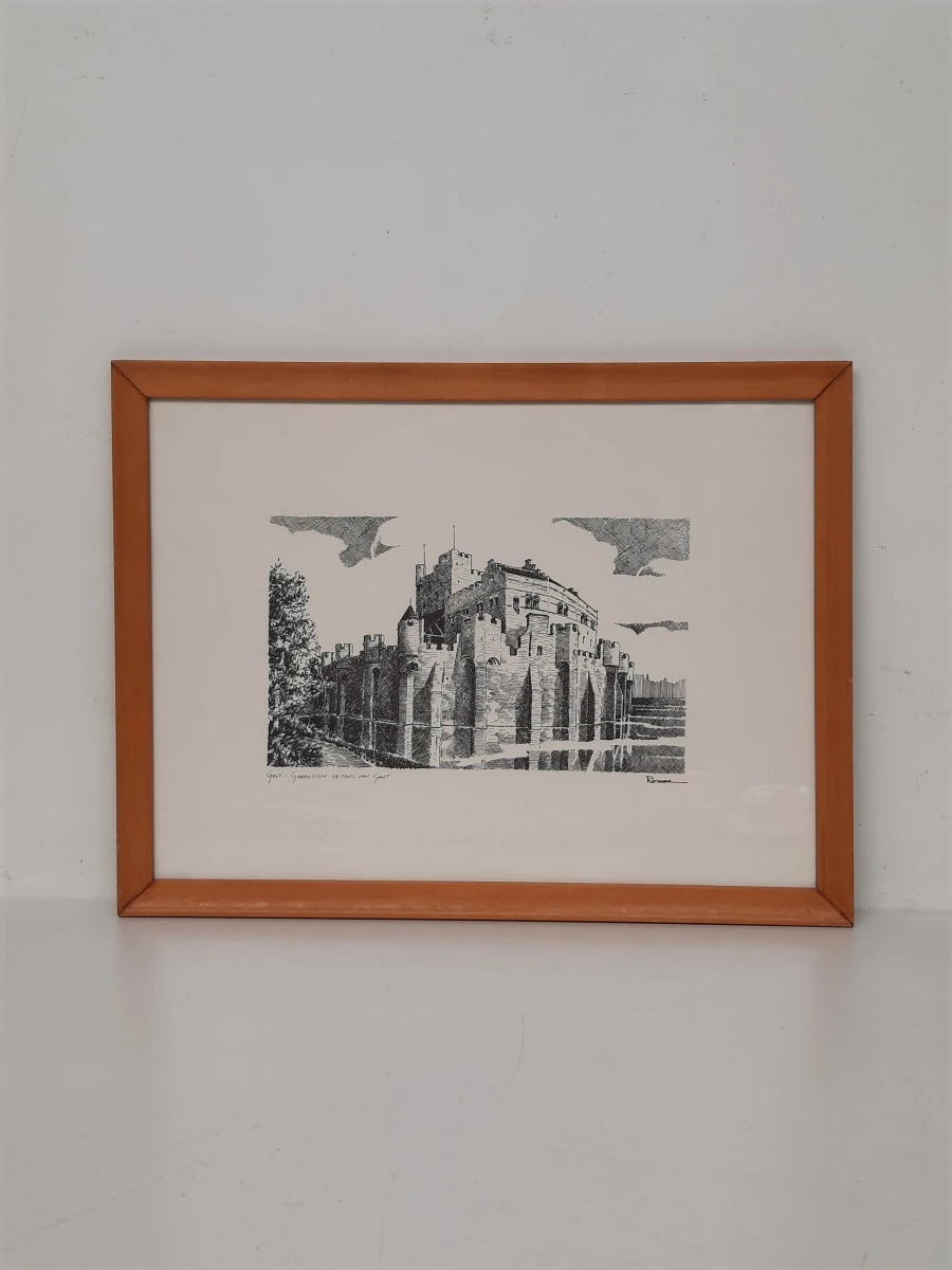 Ingelijste pentekening 'Gent - Gravensteen de trots van Gent' – Gesigneerd door Roman