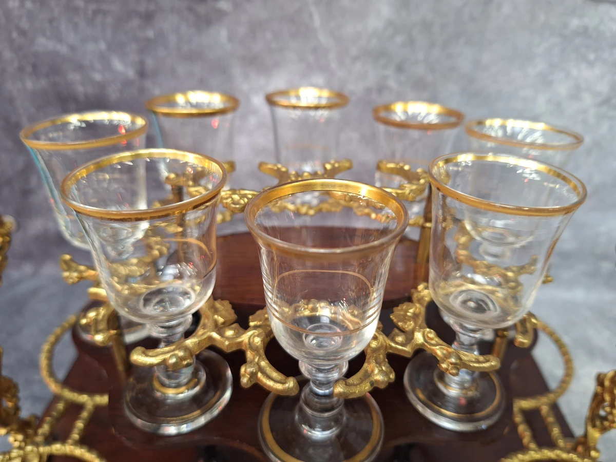 Antieke Napoleon III likeurkelder (cave à liqueur) - Boulle stijl - met karaffen & glazen