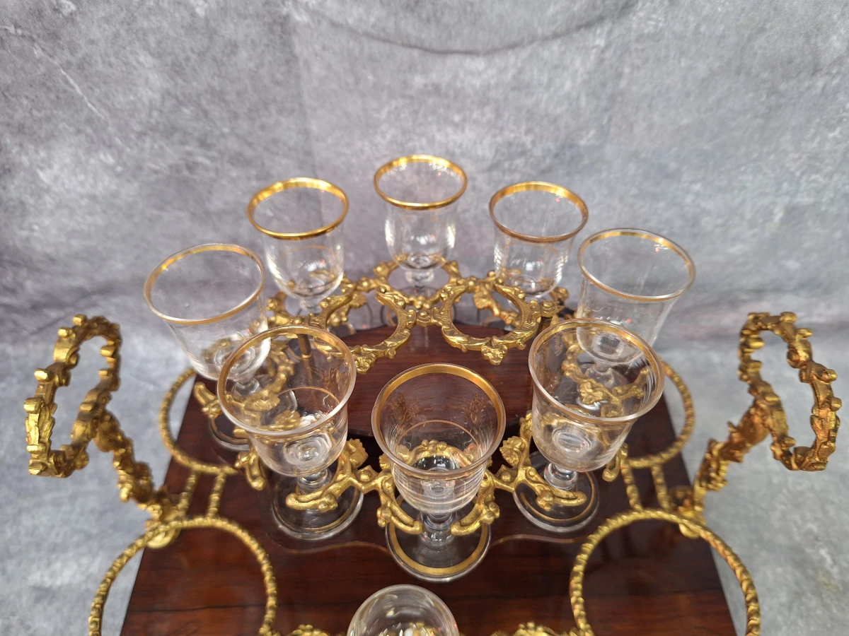 Antieke Napoleon III likeurkelder (cave à liqueur) - Boulle stijl - met karaffen & glazen
