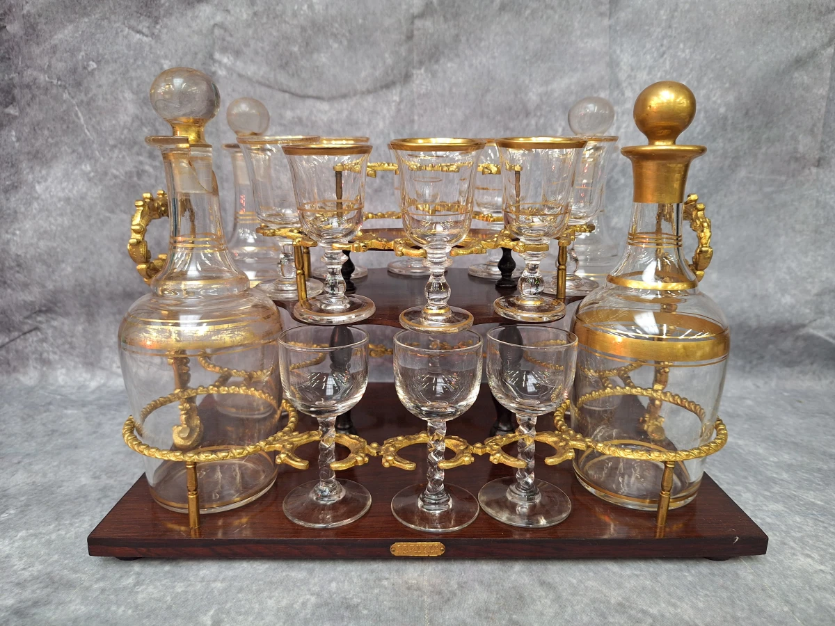 Antieke Napoleon III likeurkelder (cave à liqueur) - Boulle stijl - met karaffen & glazen