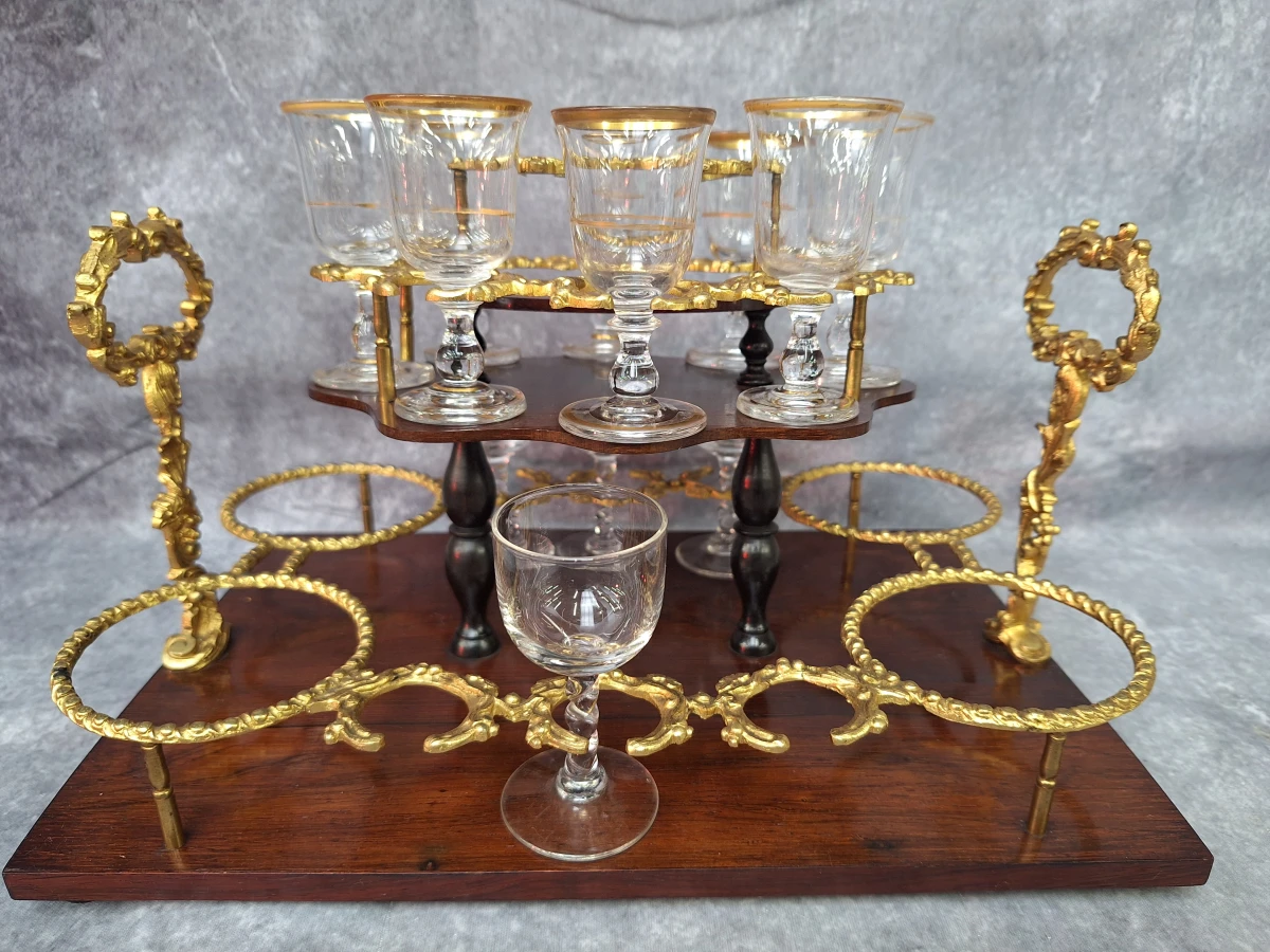Antieke Napoleon III likeurkelder (cave à liqueur) - Boulle stijl - met karaffen & glazen