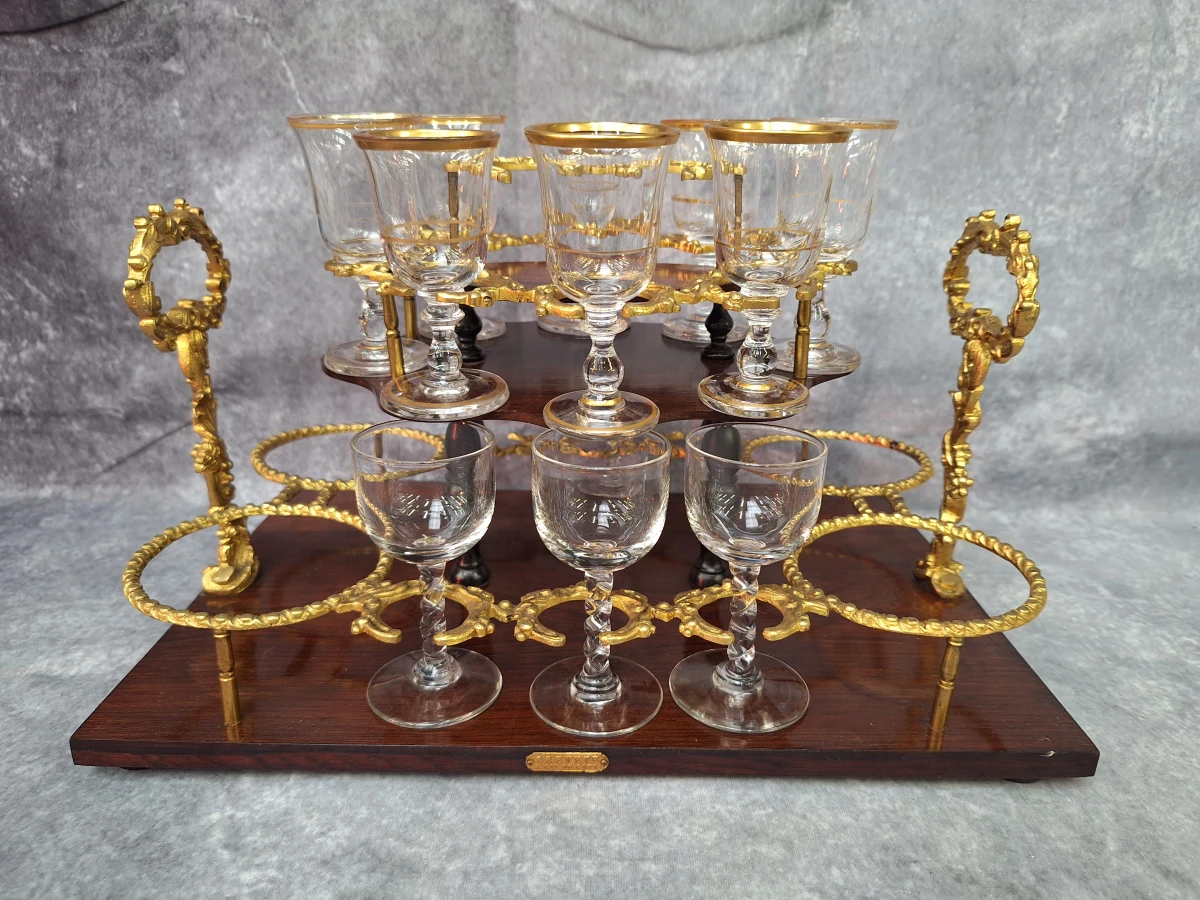 Antieke Napoleon III likeurkelder (cave à liqueur) - Boulle stijl - met karaffen & glazen