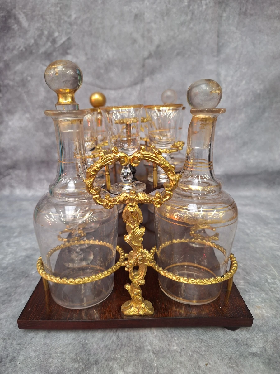 Antieke Napoleon III likeurkelder (cave à liqueur) - Boulle stijl - met karaffen & glazen