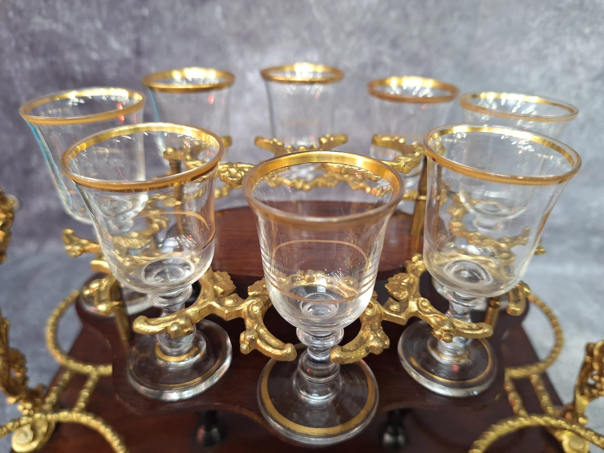 Antieke Napoleon III likeurkelder (cave à liqueur) - Boulle stijl - met karaffen & glazen