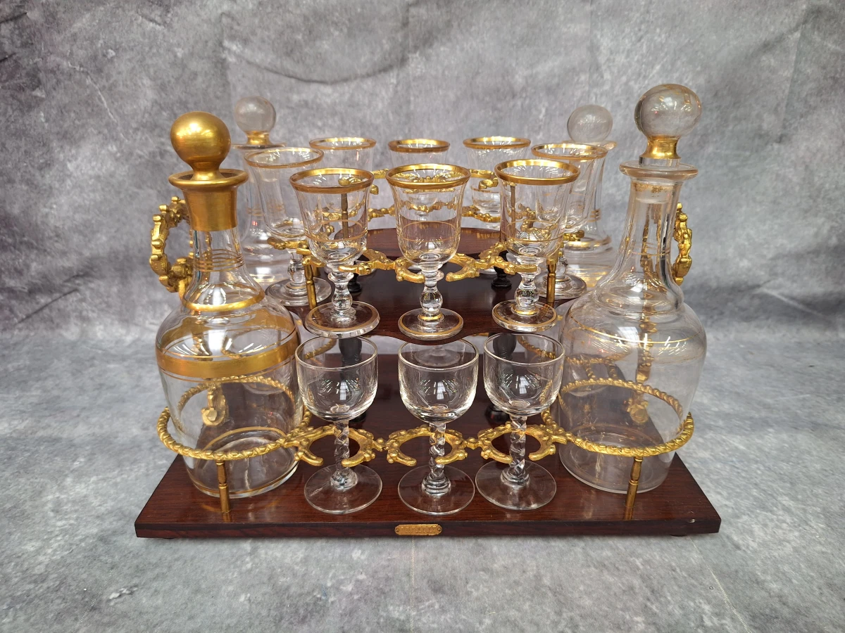 Antieke Napoleon III likeurkelder (cave à liqueur) - Boulle stijl - met karaffen & glazen