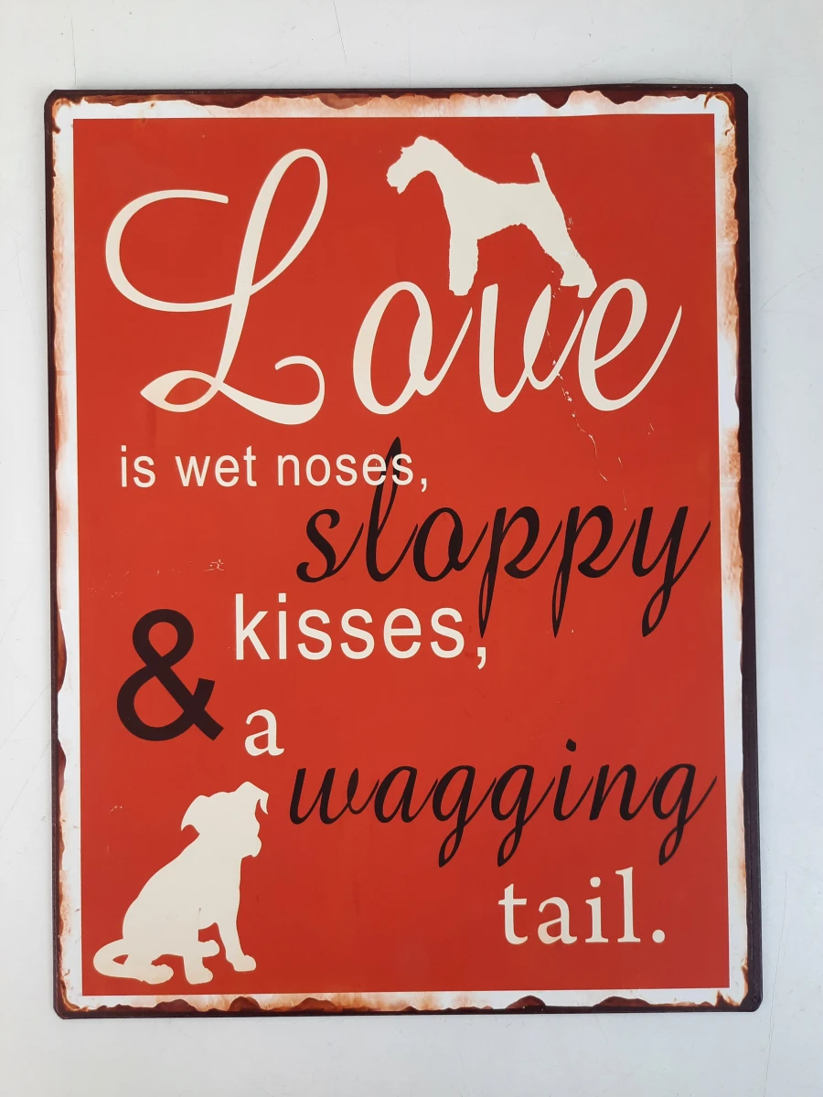 Vintage Look Metalen Wandbord – "Love is wet noses..." (La Finesse)