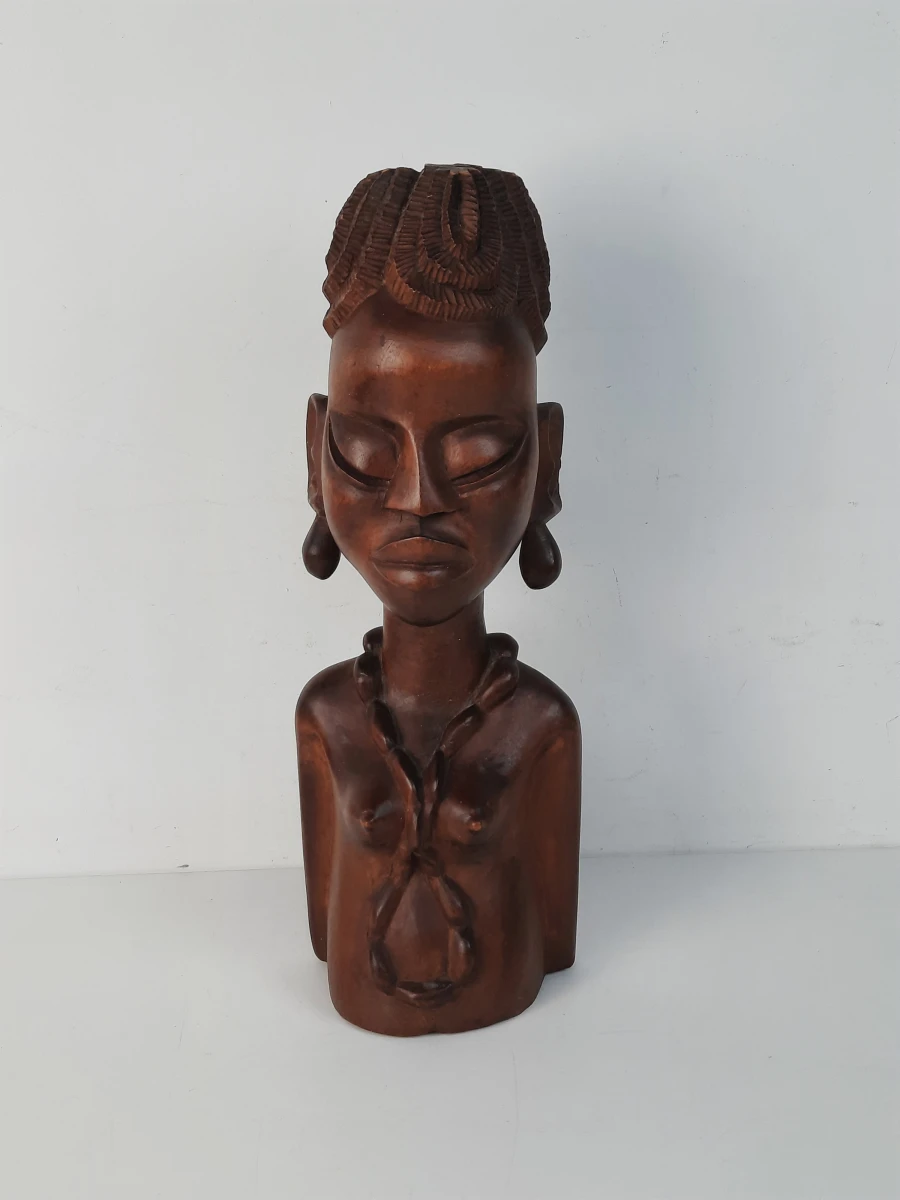 Authentieke Afrikaanse Houten Buste – Handgesneden Vrouwenbeeld (Massief Hardhout)