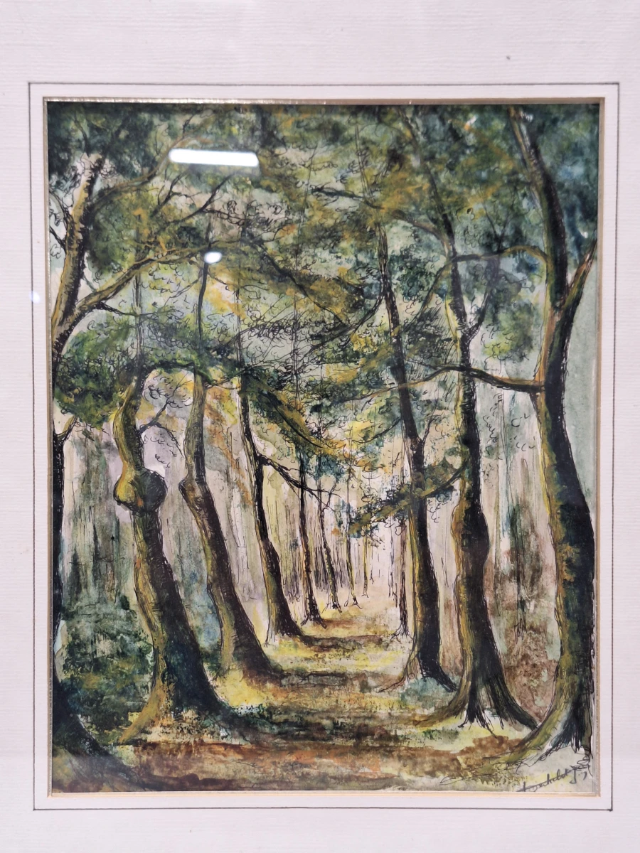 Set van 3 vintage aquarellen met boom- en boslandschappen - gesigneerd J. Verhelst - ingelijst