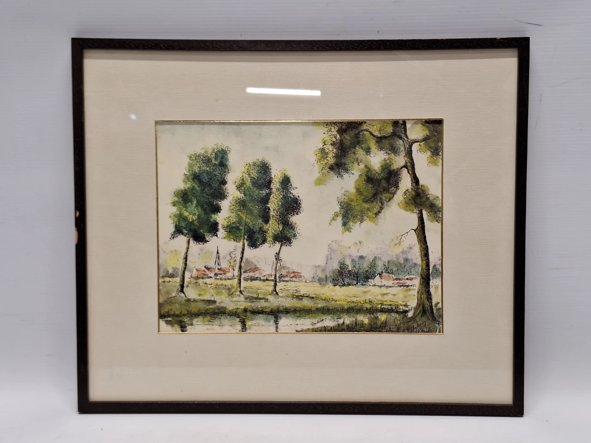 Set van 3 vintage aquarellen met boom- en boslandschappen - gesigneerd J. Verhelst - ingelijst
