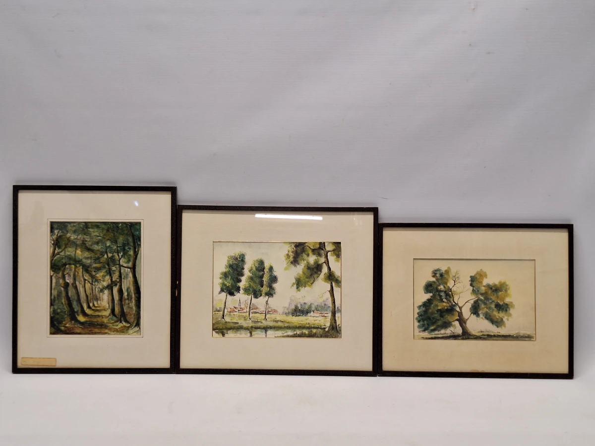 Set van 3 vintage aquarellen met boom- en boslandschappen - gesigneerd J. Verhelst - ingelijst
