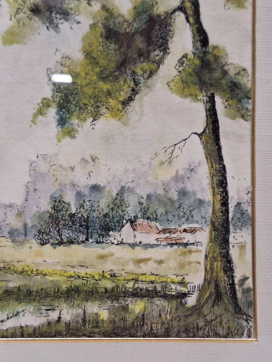 Set van 3 vintage aquarellen met boom- en boslandschappen - gesigneerd J. Verhelst - ingelijst