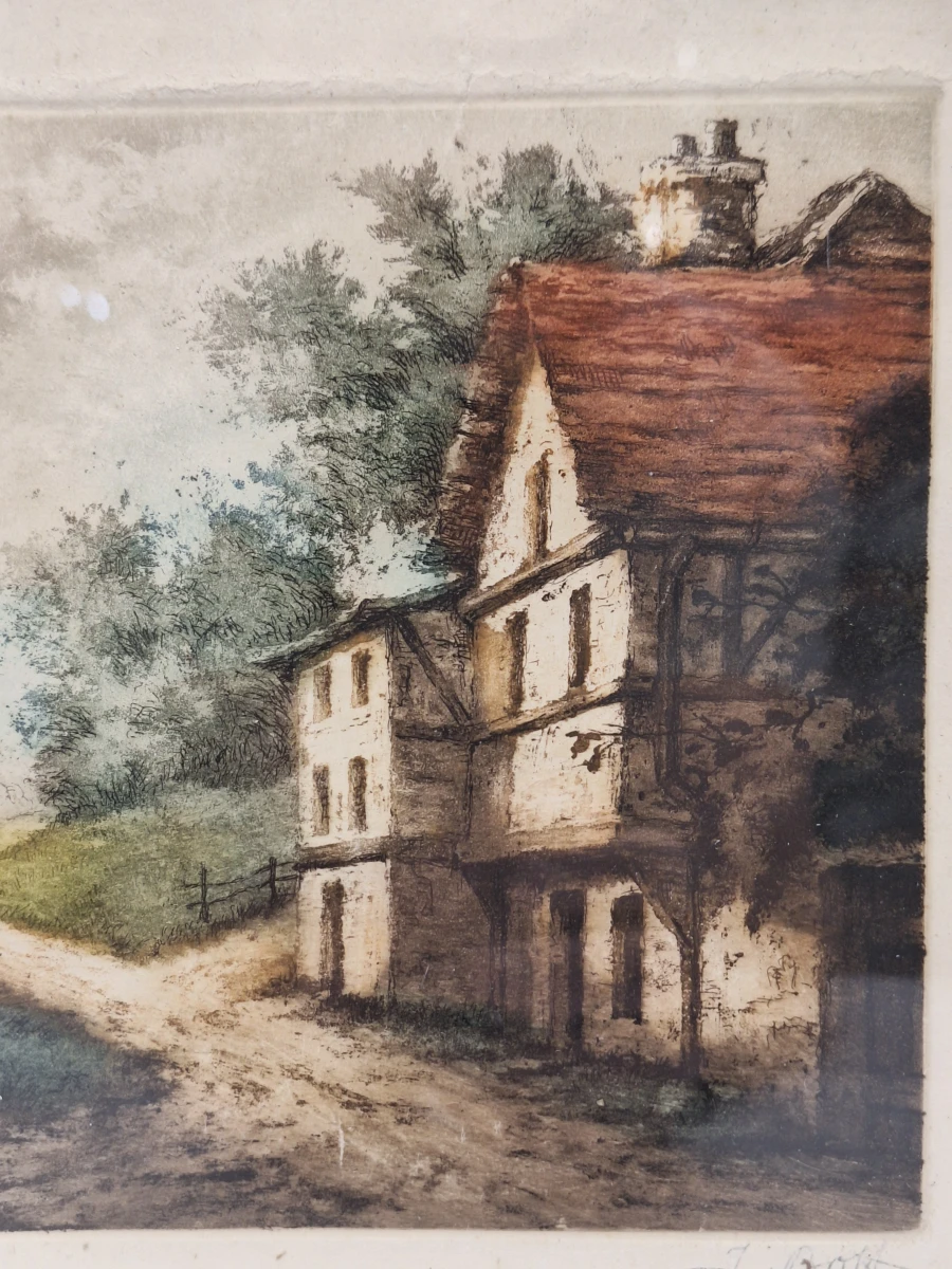 Originele handgekleurde aquatint-ets "L'Orée du Bois" - gesigneerd J. Bott