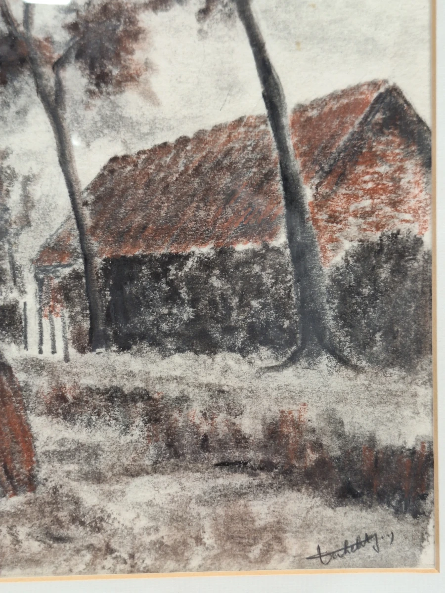 landelijke aquatint-ets met boerderij en hooimijten - J. Verhelst