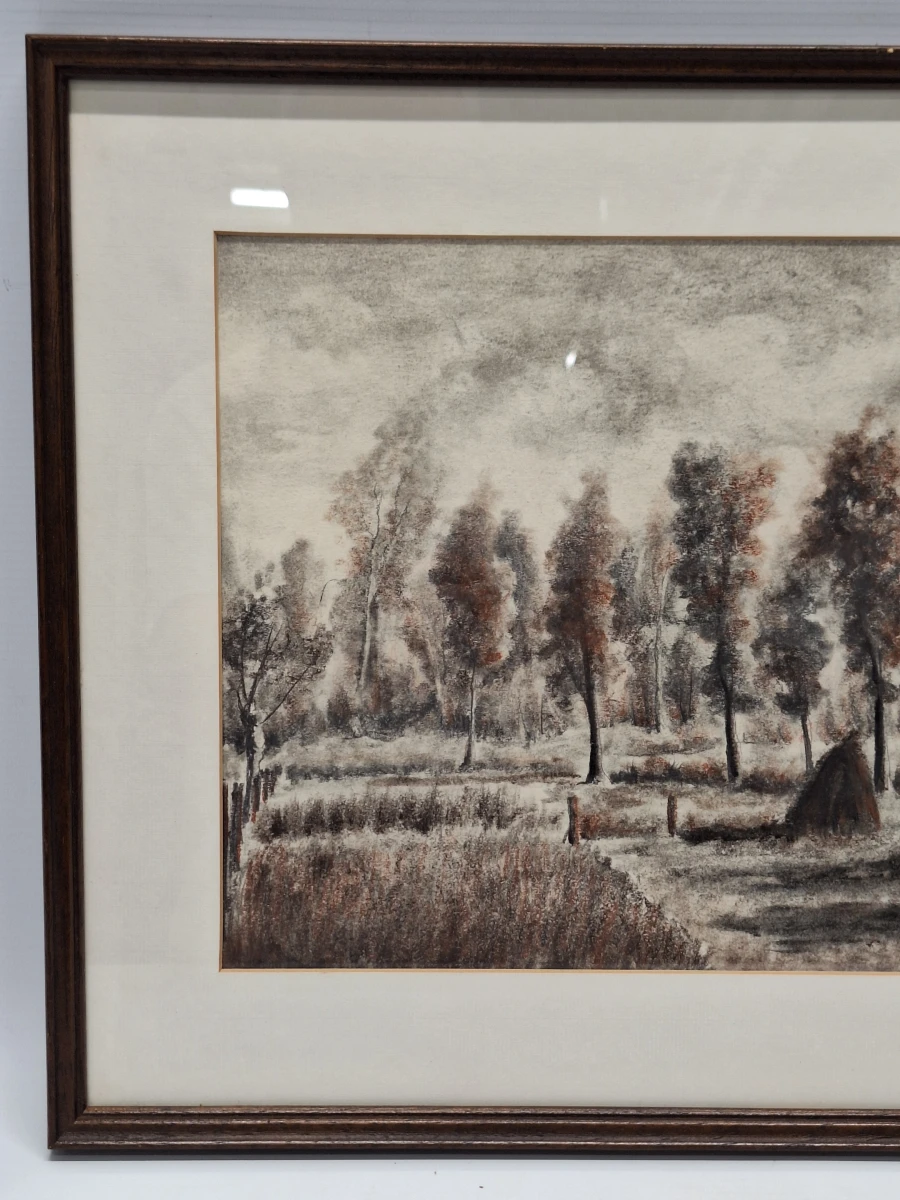 landelijke aquatint-ets met boerderij en hooimijten - J. Verhelst