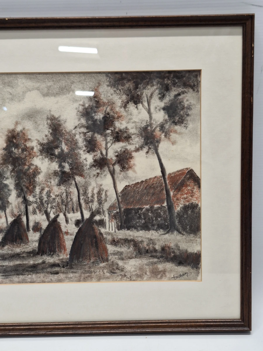 landelijke aquatint-ets met boerderij en hooimijten - J. Verhelst