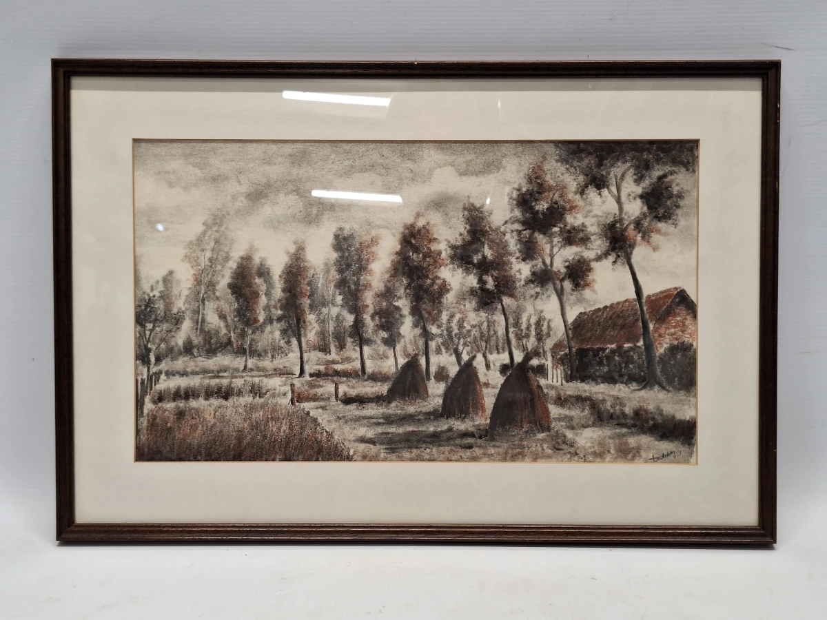 landelijke aquatint-ets met boerderij en hooimijten - J. Verhelst