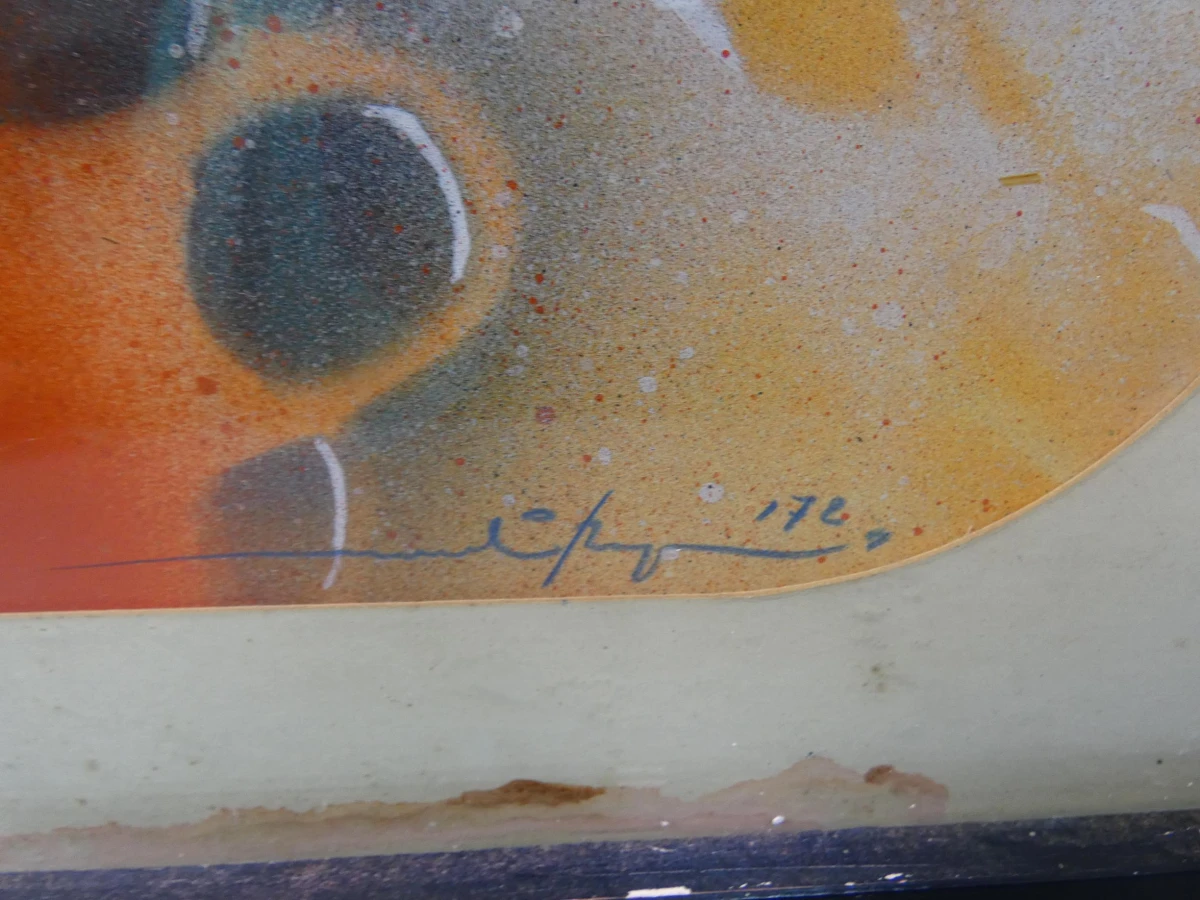 Abstract schilderij in lijst uit 1972 van Martin R. Baeyens