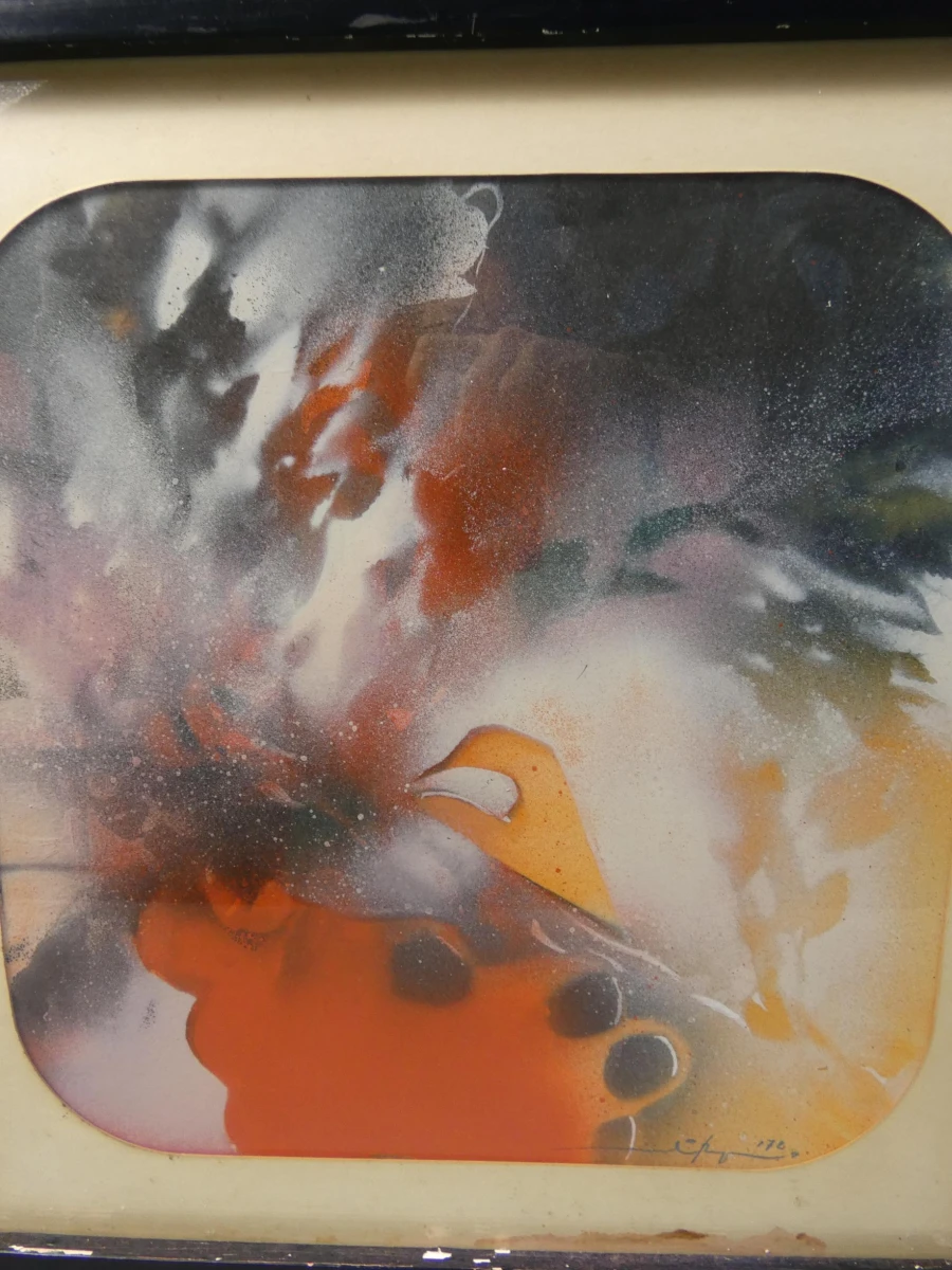 Abstract schilderij in lijst uit 1972 van Martin R. Baeyens